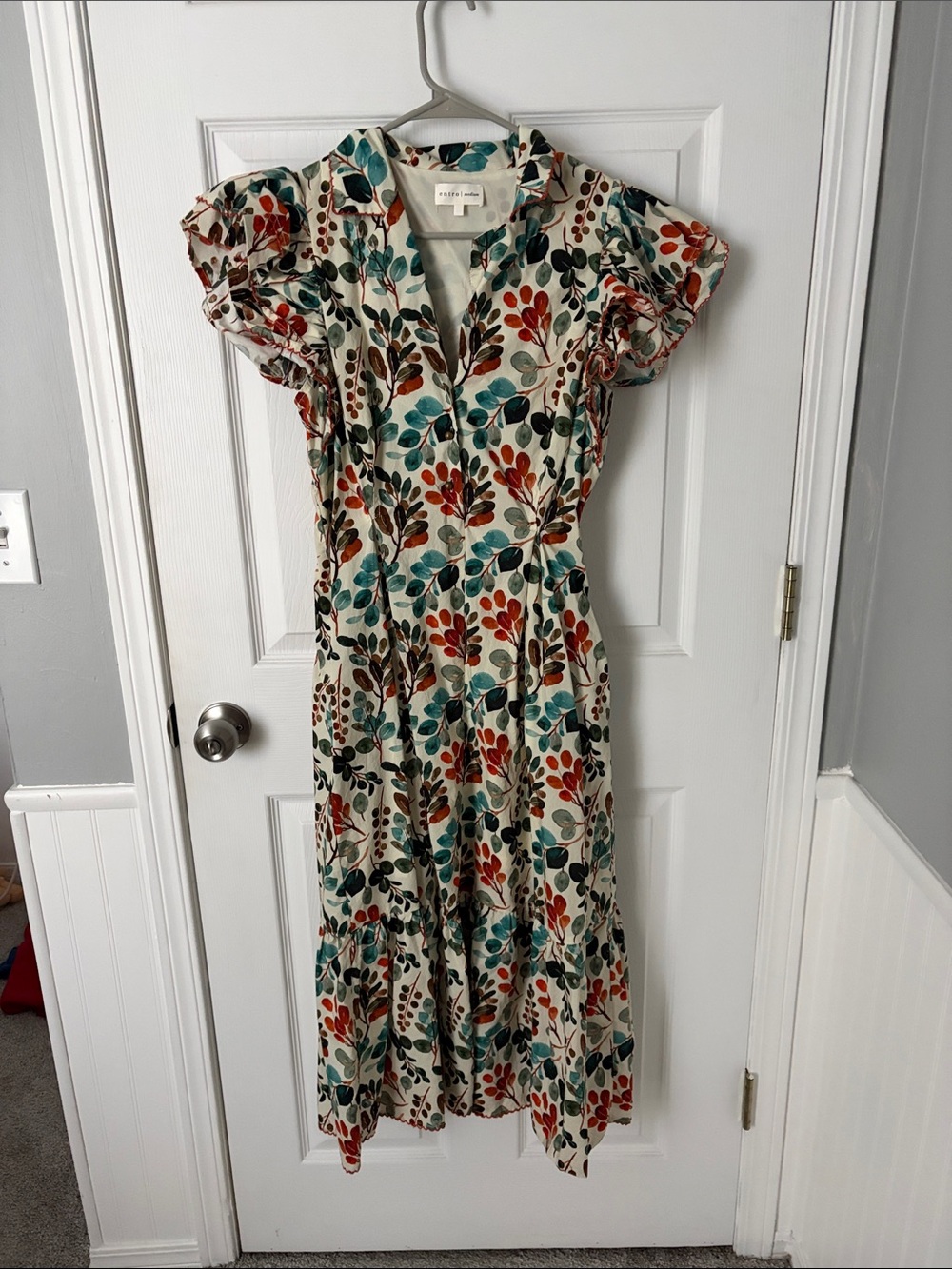 Rails Cream Midi Dress with Teal, Rust & Black Leaf Print
